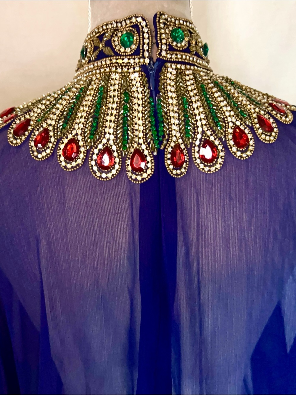 Royal Blue Sheer Hand Beaded Gold, Multicolor Farasha Kaftan Gown, Free Size - Picture 13 of 17